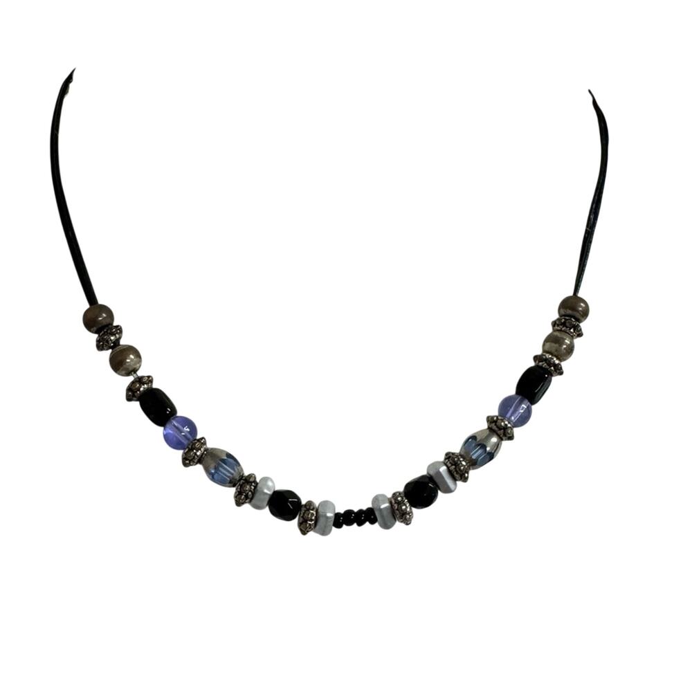 Silver Tone Blue Glass Beaded Leather Strap Necklace Womens Handmade Jewelry